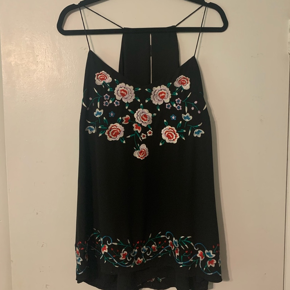 Black floral embroidered tank top